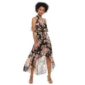 EUC • elle floral printed chiffon hi-low halter neck flowy maxi dress